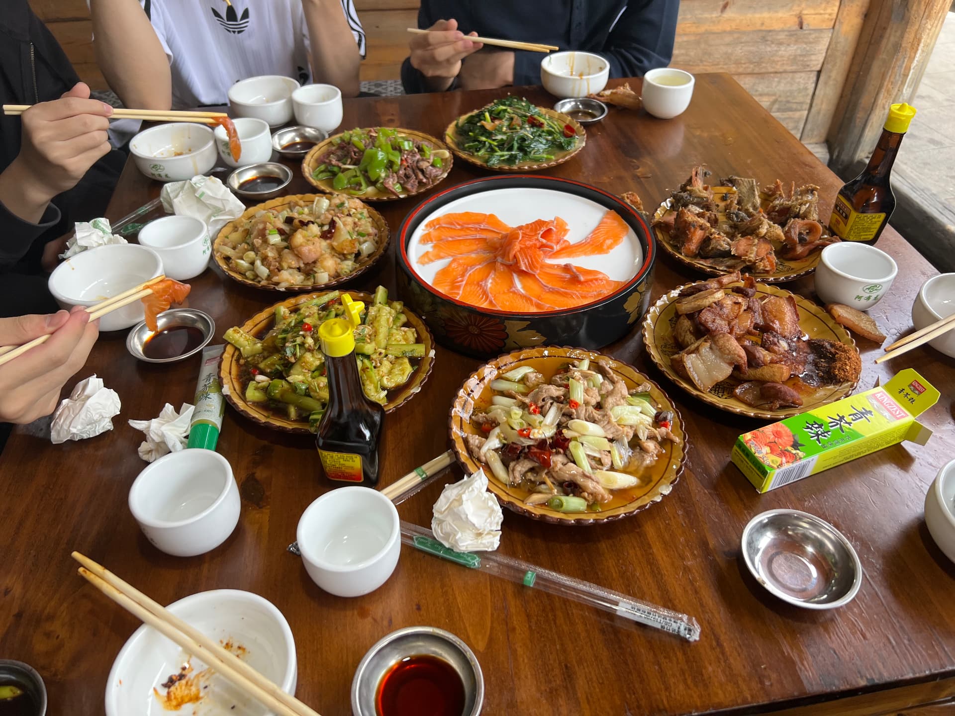 Sharing local dishes after a day in the mountains